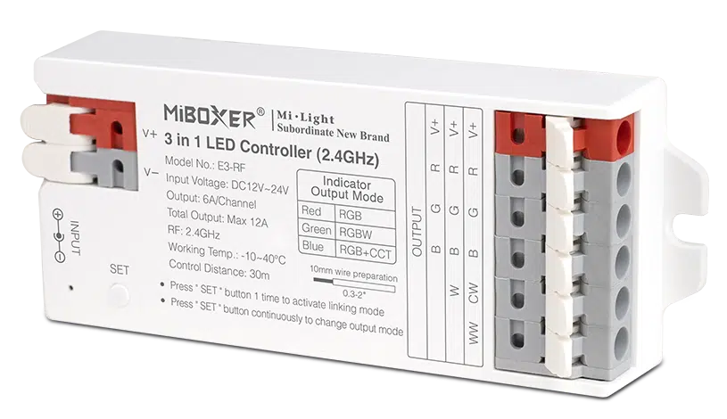 MINI CONTROLADOR E3-RF 3 EN 1 (RGB / RGBW / RGB+CCT) RF 2.4GHz DC12~24V MAX 12A