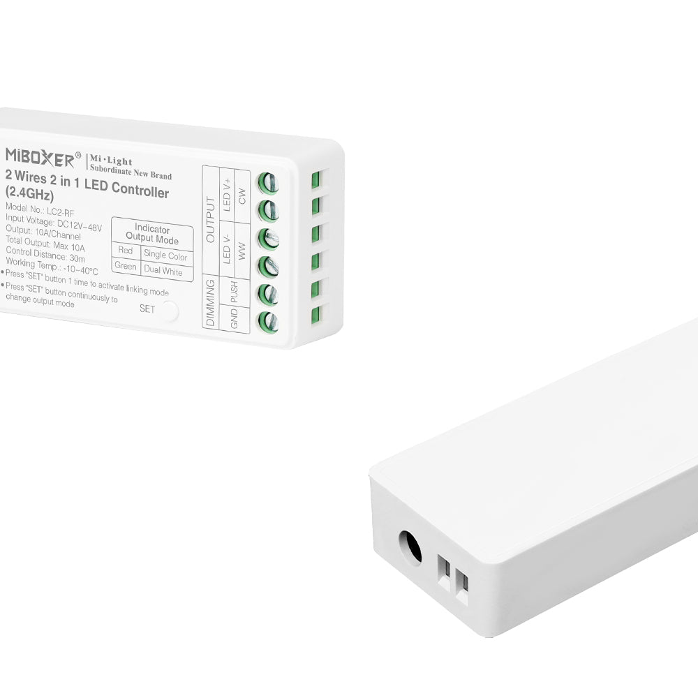 MINI CONTROLADOR LED LC2-RF 2 EN 1 SINGLE COLOR / DUAL WHITE C- COMPATIBLE TIRAS CCT DE 2 CABLES DC12~48V MAX. 10A RF 2.4GHz