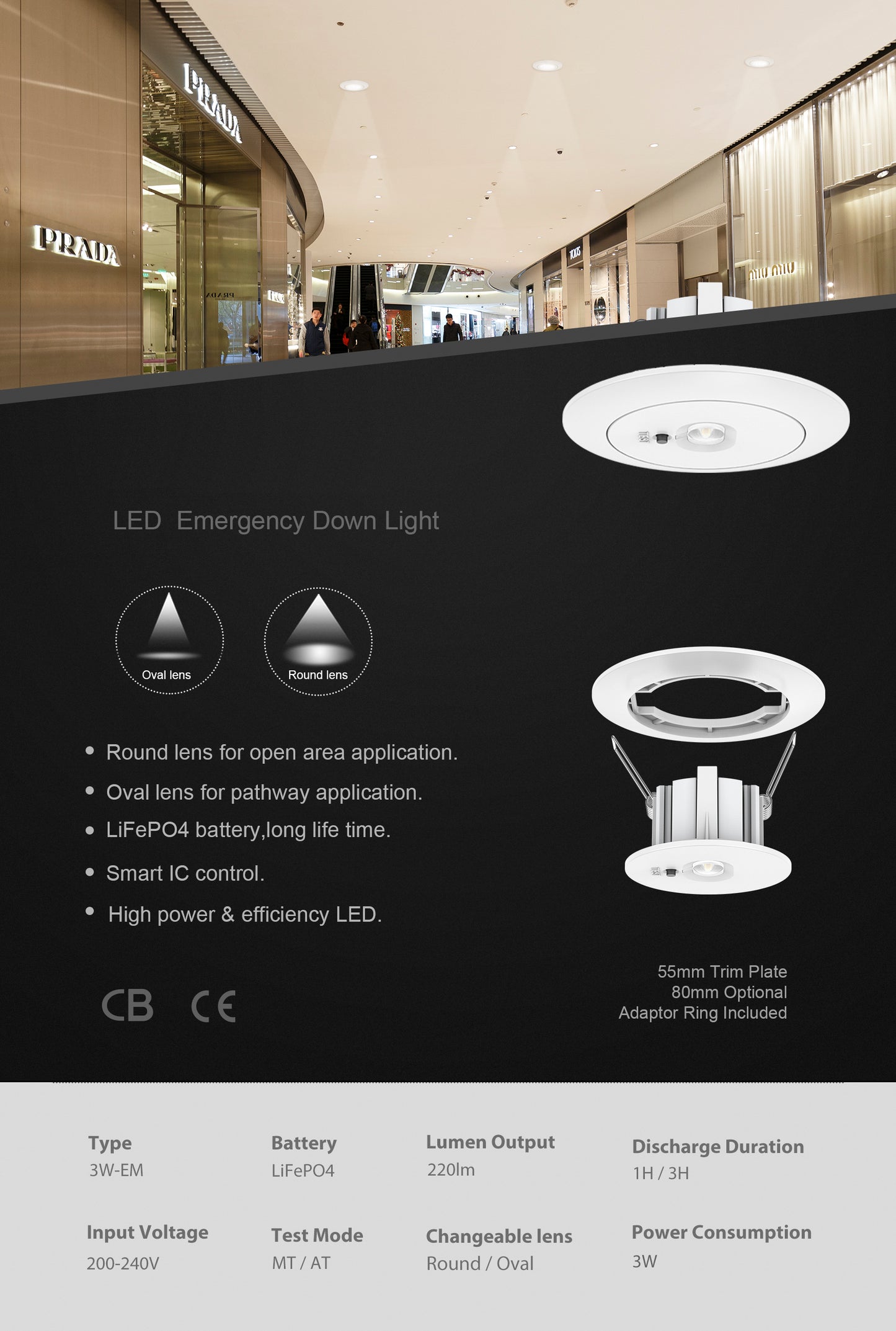 MINI DOWNLIGHT LED EMNERGENCIA 3W 240LM 5000K 55MM, 3 HORAS, LIFEPO4 6,4V1500MAH AUTOTEST