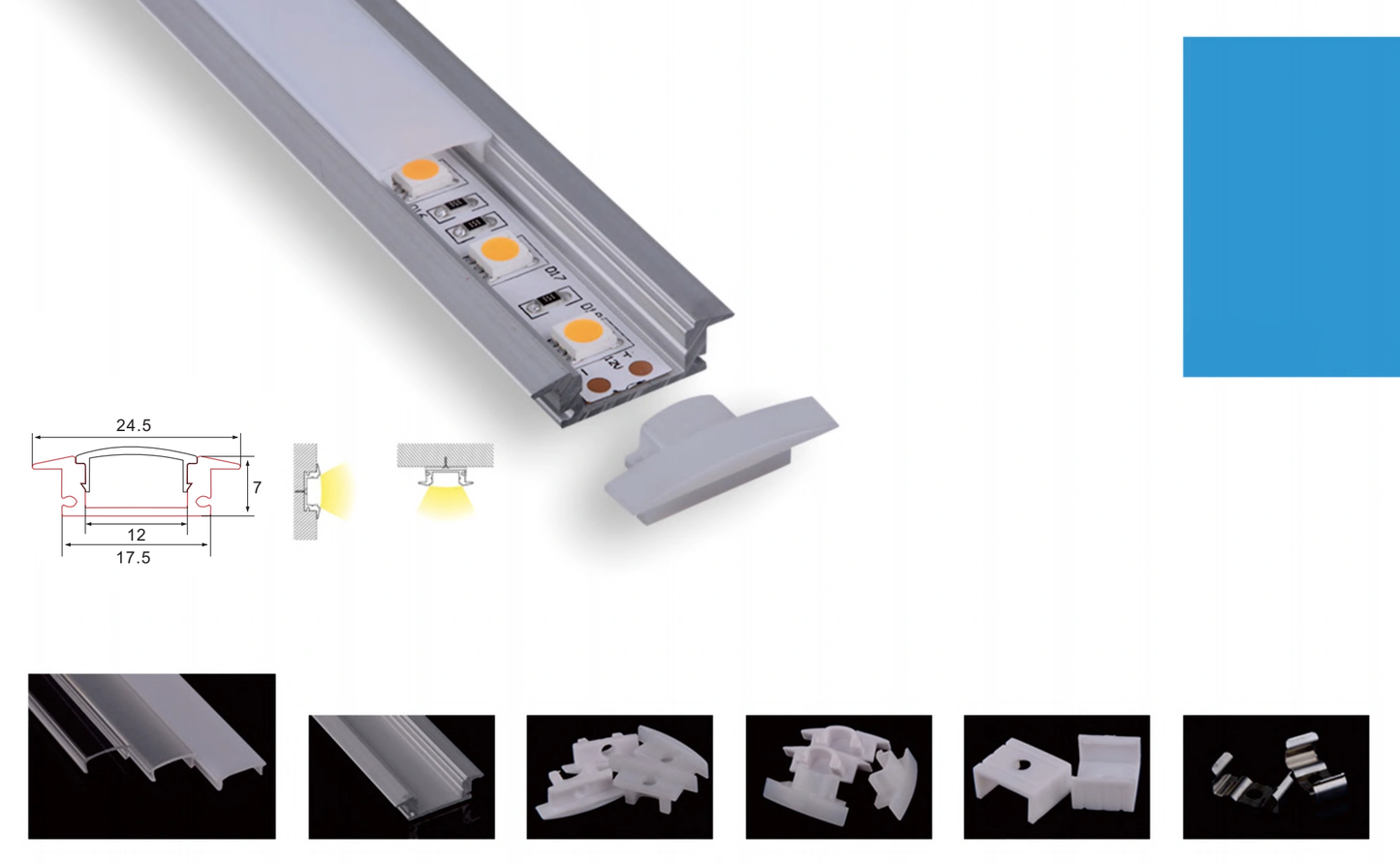 PERFIL DE ALUMINIO 2M ENCASTRAR PARA TIRAS LED + DIFUSOR