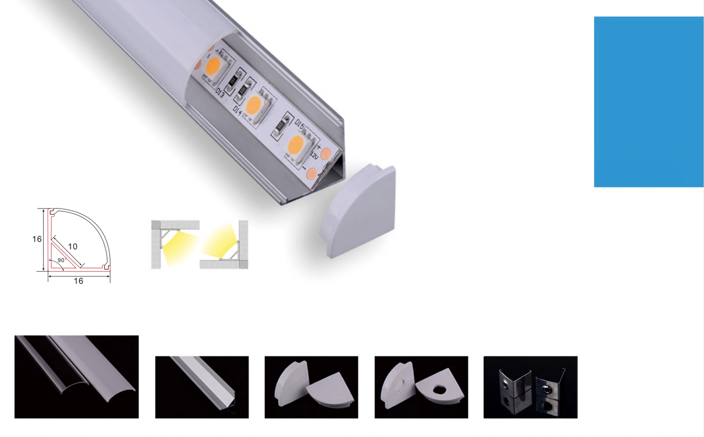 PERFIL DE ALUMINIO 2M SUPERFICIE ESQUINA 16x16mm PARA TIRAS LED + DIFUSOR