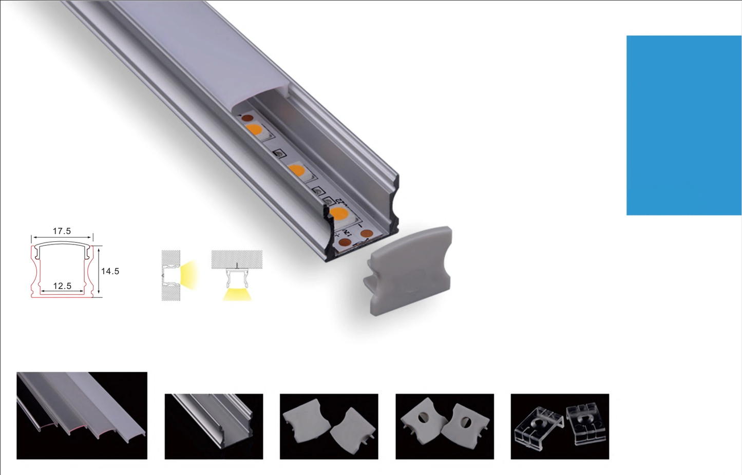 PERFIL DE ALUMINIO 2M SUPERFICIE 14,5x17,3mm PARA TIRAS LED + DIFUSOR