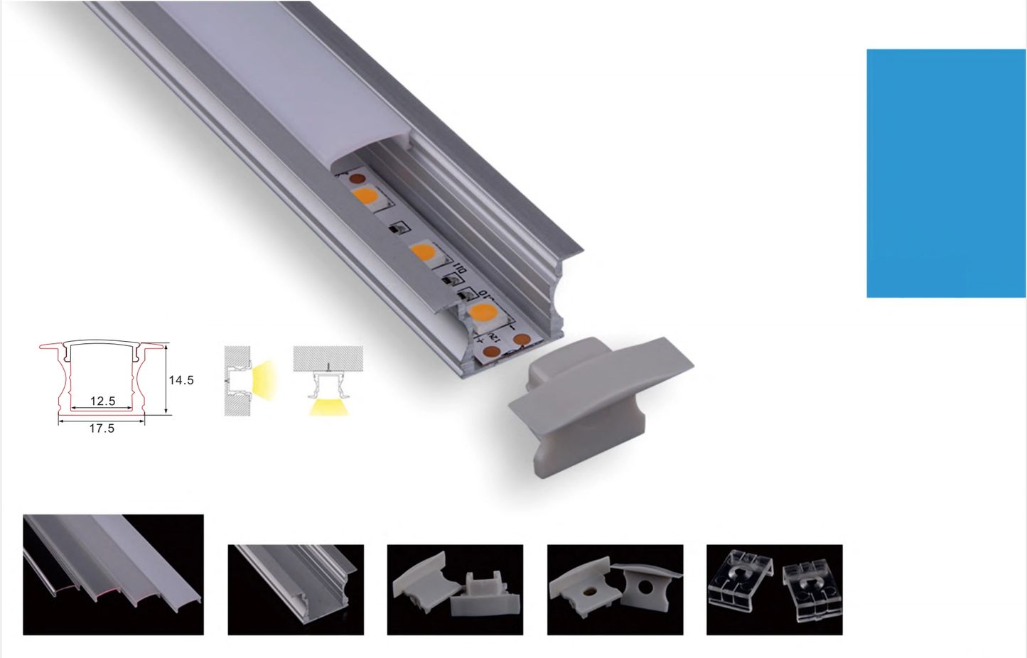 PERFIL DE ALUMINIO 2M ENCASTRAR 14,5x17,3mm PARA TIRAS LED + DIFUSOR