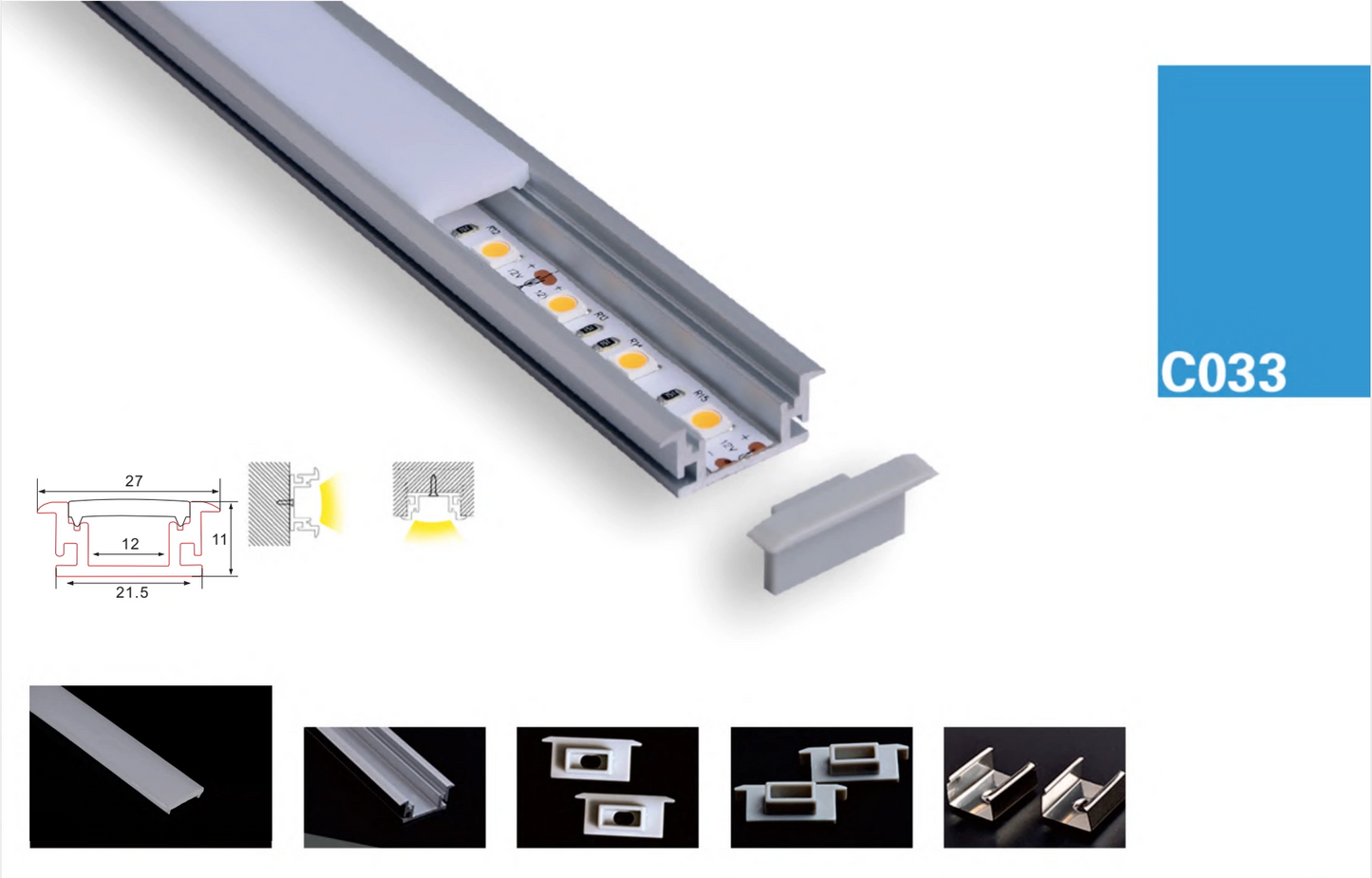 PERFIL DE ALUMINIO 2M ENCASTRAR EN SUELO RESISTENTE AL AGUA 11x21,4mm PARA TIRAS LED + DIFUSOR