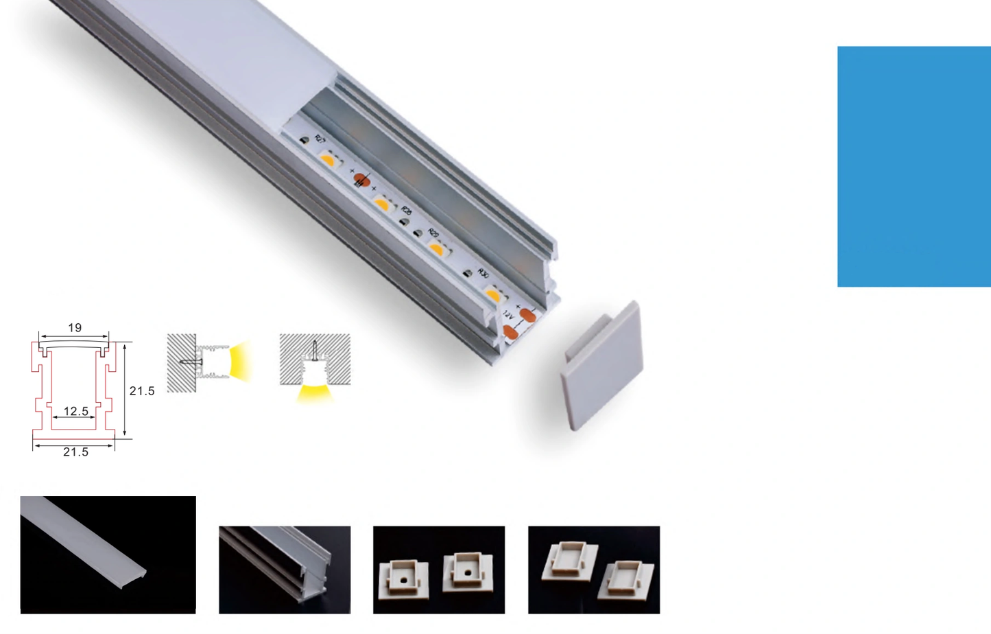 PERFIL DE ALUMINIO 2M ENCASTRAR EN SUELO RESISTENTE AL AGUA 26,1x21,3mm PARA TIRAS LED + DIFUSOR