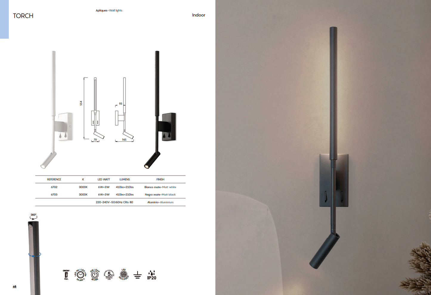 LÁMPARA LED LECTURA TORCH DOBLE 6W+3W 3000K 410LM+210LM