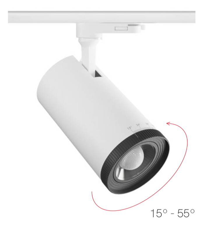 FOCO ZOOM 15W/20W/25W 15º-55º 2700K/3200K/4000K PARA CARRIL TÉCNICO TRIFÁSICO