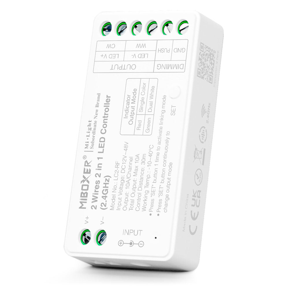 MINI CONTROLADOR LED LC2-RF 2 EN 1 SINGLE COLOR / DUAL WHITE C- COMPATIBLE TIRAS CCT DE 2 CABLES DC12~48V MAX. 10A RF 2.4GHz