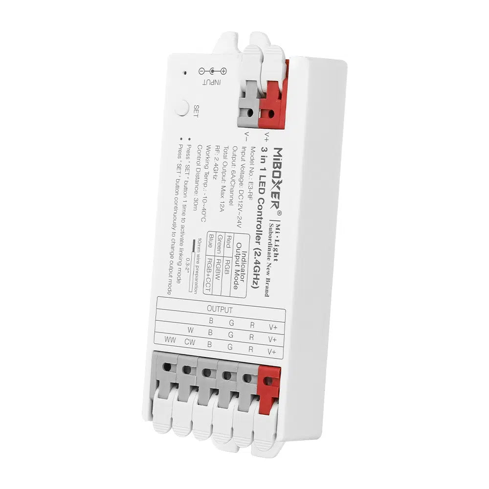 MINI CONTROLADOR E3-RF 3 EN 1 (RGB / RGBW / RGB+CCT) RF 2.4GHz DC12~24V MAX 12A