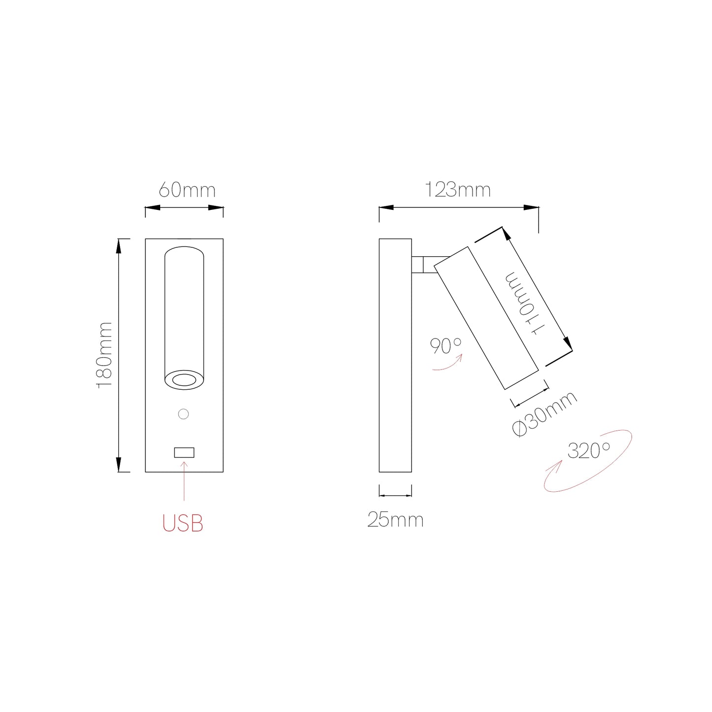 LÁMPARA LED LECTURA PURE 4W 3 NIVELES DE INTENSIDAD 220V 30º 2.700K-USB 5V/2A