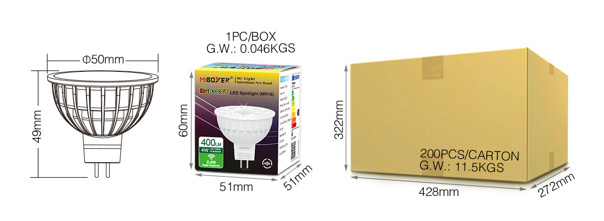 BOMBILLA LED 4W MR16 FUT104 RGB+CCT AC/DC12V 25° RF 2.4GHz