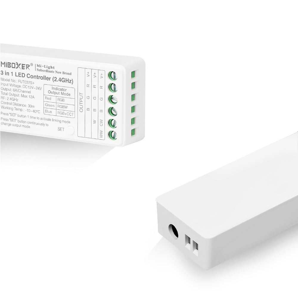 MINI CONTROLADOR FUT037S+ 3 EN 1 RGB / RGBW / RGB+CCT DC12~24V RF 2,4GHz MAX 12A FUT037S+