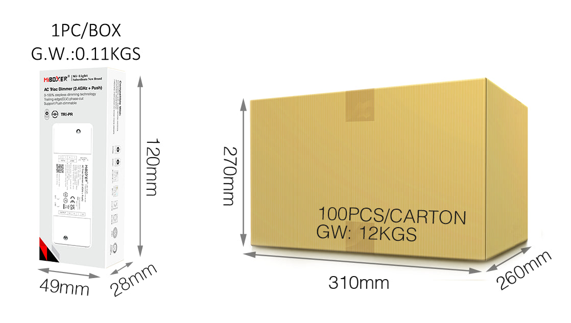 REGULADOR TRIAC DIMMER TRI-PR 500W AC 100-240V~ 50/60Hz RF 2.4GHz MAX 2,27A PUSH DIMMER