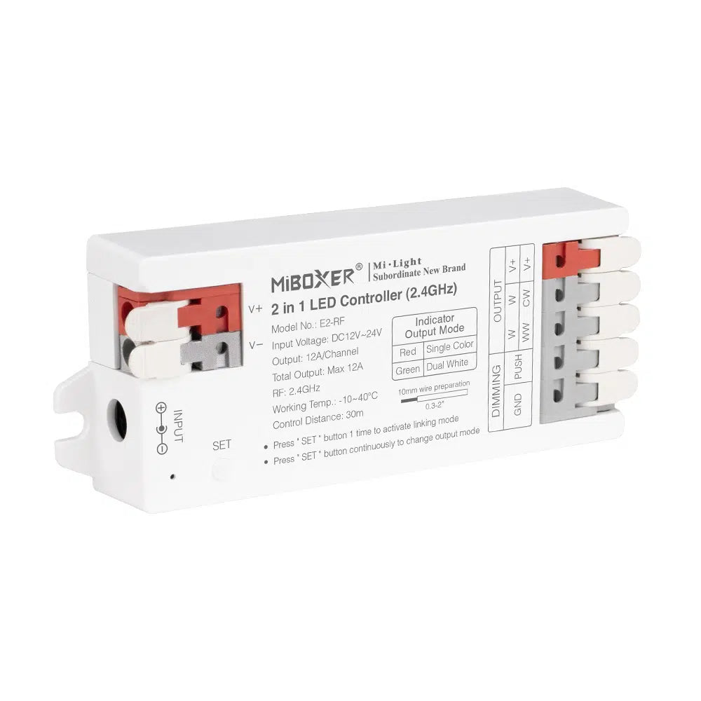 MINI CONTROLADOR LED E2-RF 2 EN 1 (SINGLE COLOR - DUAL WHITE) DC12 ~ 24V RF 2.4GHz MAX 12A IP20
