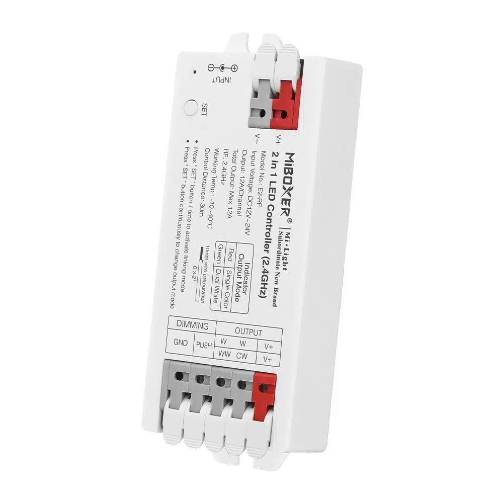 MINI CONTROLADOR LED E2-RF 2 EN 1 (SINGLE COLOR - DUAL WHITE) DC12 ~ 24V RF 2.4GHz MAX 12A IP20