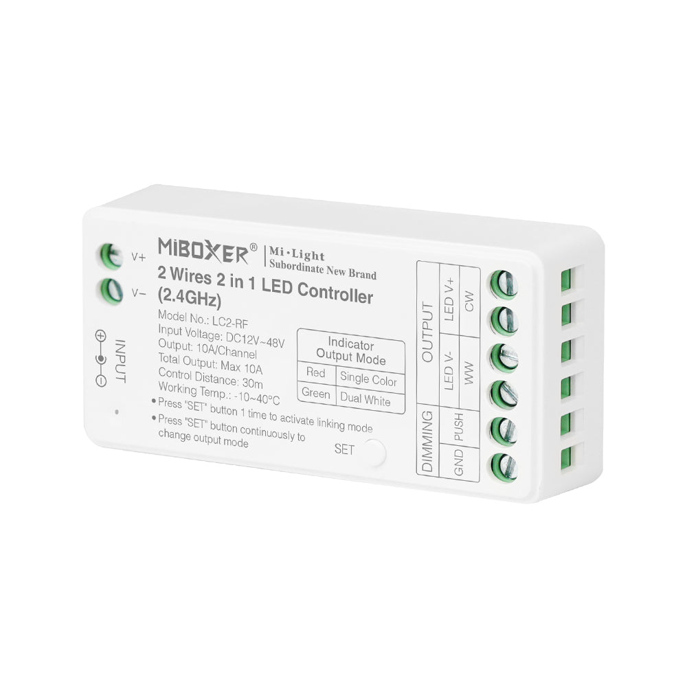 MINI CONTROLADOR LED LC2-RF 2 EN 1 SINGLE COLOR / DUAL WHITE C- COMPATIBLE TIRAS CCT DE 2 CABLES DC12~48V MAX. 10A RF 2.4GHz