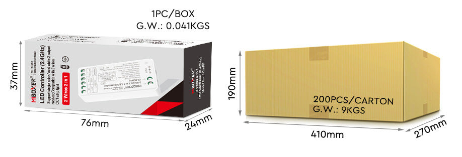 MINI CONTROLADOR LED LC2-RF 2 EN 1 SINGLE COLOR / DUAL WHITE C- COMPATIBLE TIRAS CCT DE 2 CABLES DC12~48V MAX. 10A RF 2.4GHz