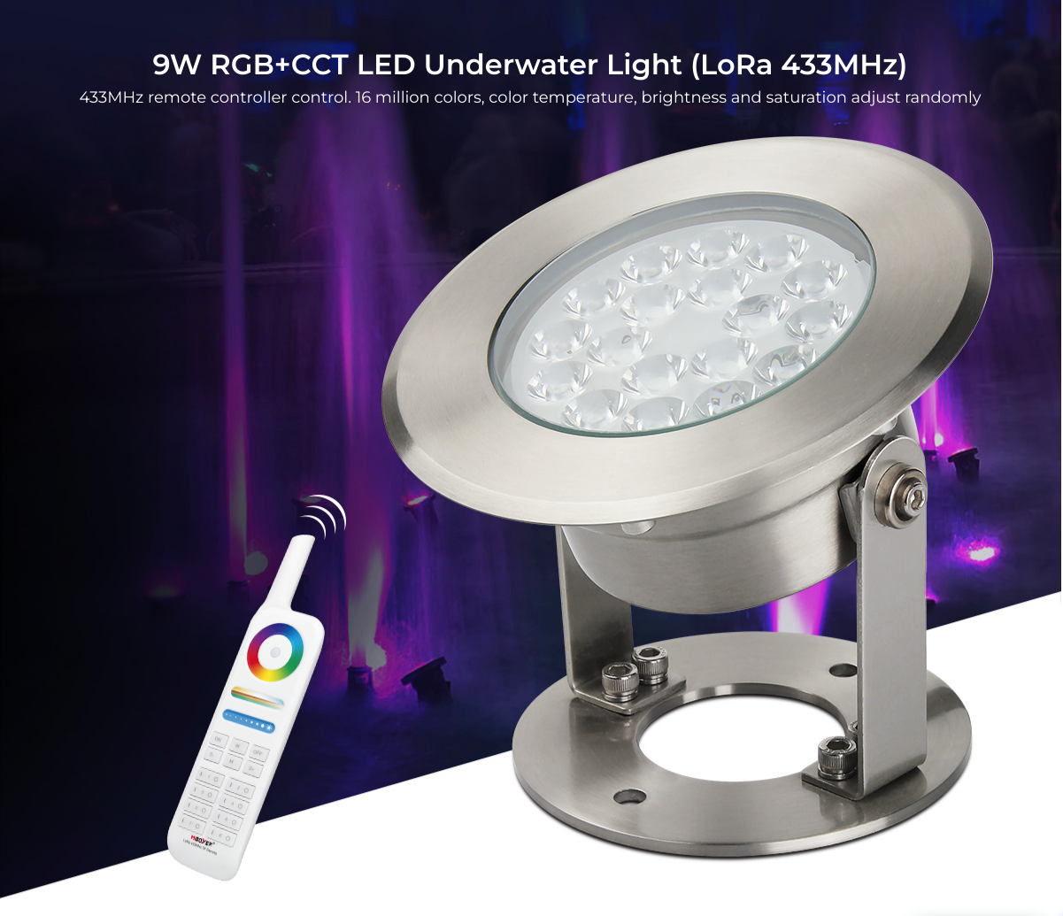 FOCO LED SUMERGIBLE PARA FUENTES 9W RGB+CCT LED Underwater Light (LoRa 433MHz)