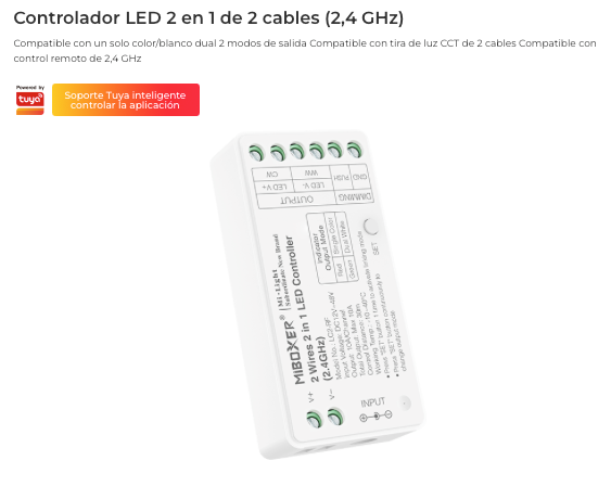 MINI CONTROLADOR LED LC2-RF 2 EN 1 SINGLE COLOR / DUAL WHITE C- COMPATIBLE TIRAS CCT DE 2 CABLES DC12~48V MAX. 10A RF 2.4GHz
