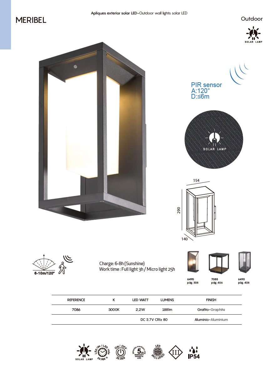 APLIQUE LED PARED SOLAR MERIBEL 2,2W 3000K EXTERIOR CON SENSOR PIR ACABADO GRAFITO