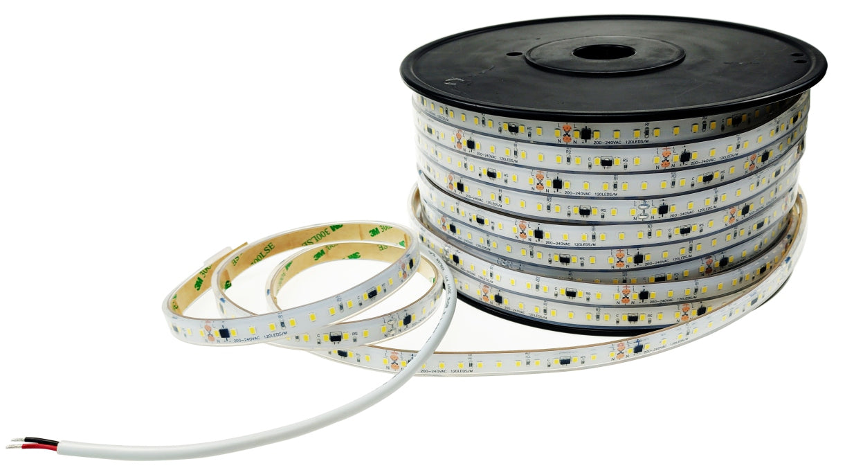 TIRA LED DIRECTO AC220V SIN DRIVER SMD2835 15W/m REGULACIÓN TRIAC 120LEDs/m 12mm IP67 CORTE CADA 10CM 2700K