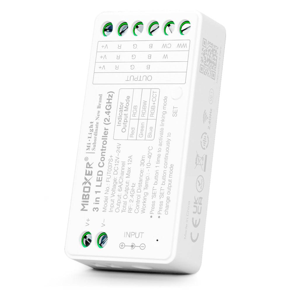 MINI CONTROLADOR FUT037S+ 3 EN 1 RGB / RGBW / RGB+CCT DC12~24V RF 2,4GHz MAX 12A FUT037S+
