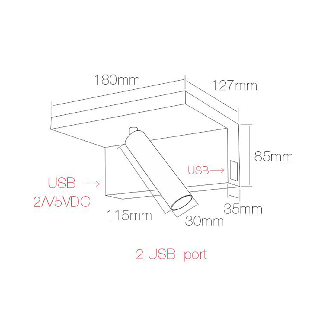 LÁMPARA LED LECTURA BEAM 5W 3 NIVELES DE INTENSIDAD 220-240V 40º LED 2.700K-2 USB 5V/2A
