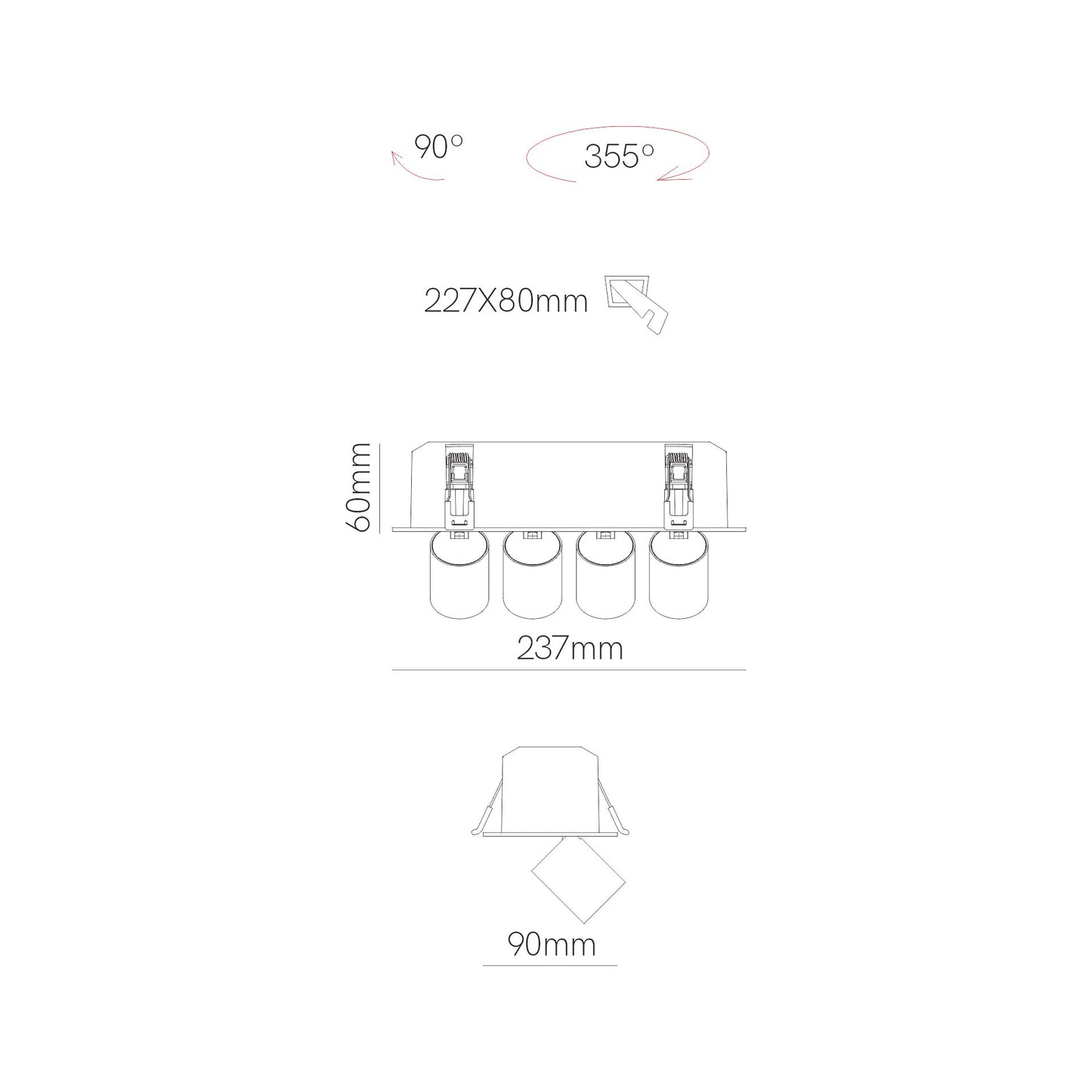 DOWNLIGHT LED MINI OXO SQUARE 4 24W 42º SWITCH 2700K/3000K/4000K ENCASTRAR