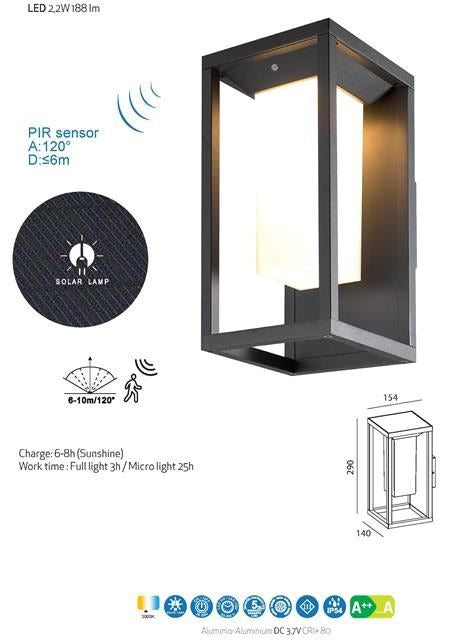 APLIQUE LED PARED SOLAR MERIBEL 2,2W 3000K EXTERIOR CON SENSOR PIR ACABADO GRAFITO