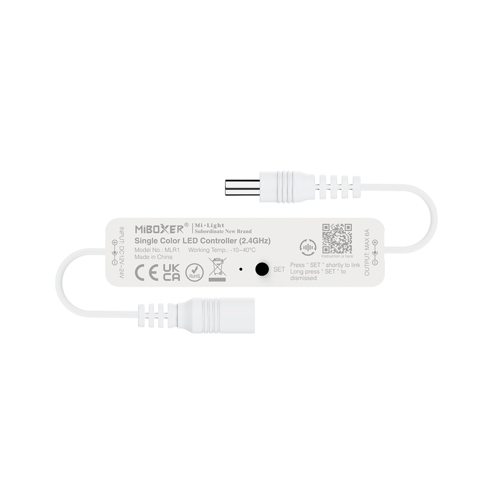 MINI CONTROLADOR LED MLR1 MONO COLOR 144W Max 6A RF (2.4GHz) DC12V-24V IP20 CON CONECTOORES DC HEMBRA Y MACHO