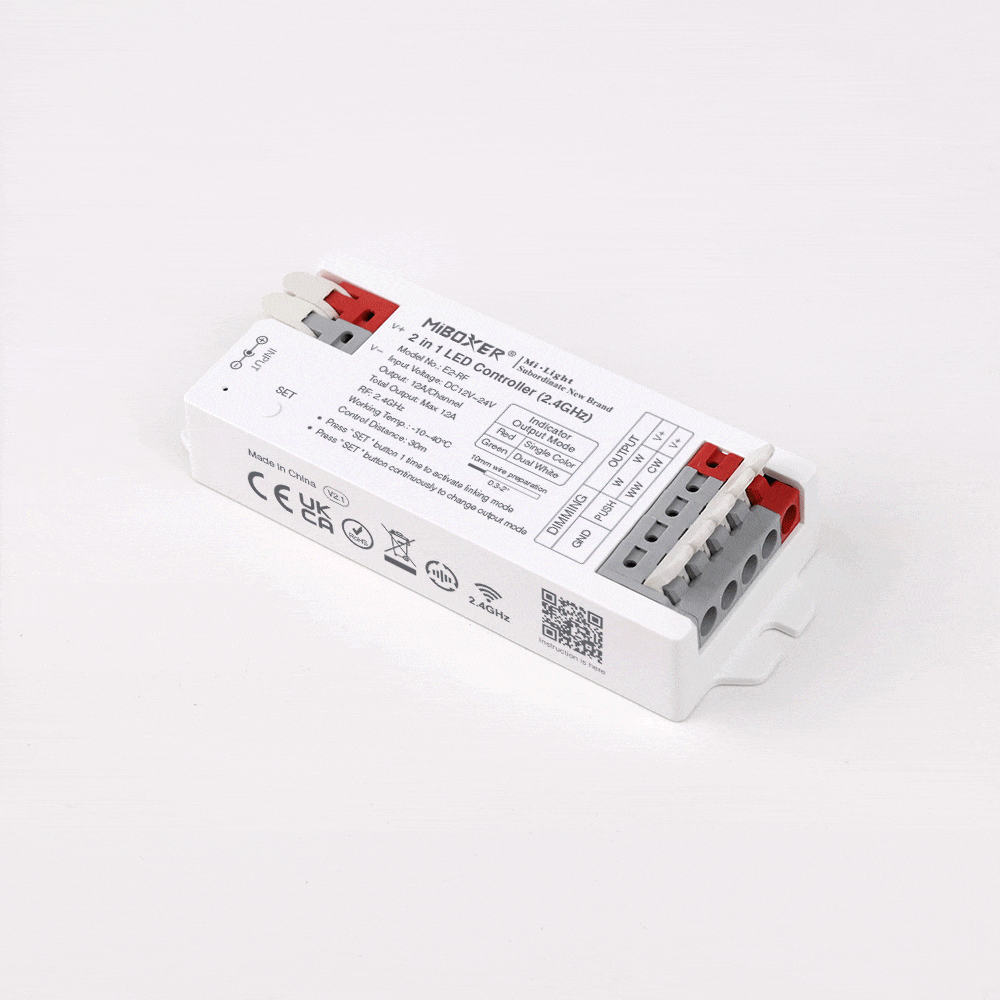 MINI CONTROLADOR LED E2-RF 2 EN 1 (SINGLE COLOR - DUAL WHITE) DC12 ~ 24V RF 2.4GHz MAX 12A IP20